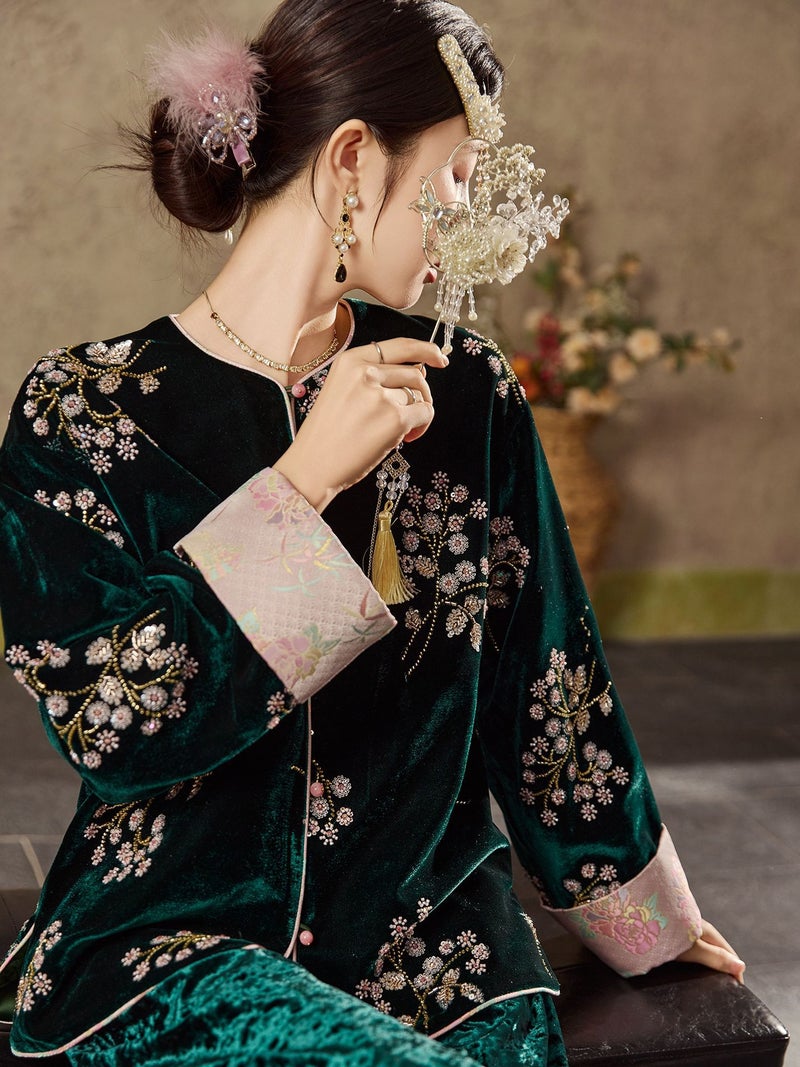 Yailla Versatile Autumn/Winter New Style Chinese Style Cherry Blossom Embroidery High-End Design New Chinese Style Bead Embroidery Light Luxury Rich Noble Coat Cotton Coat Women'S Retro Style Top Niche Design Tang Coat Suit - Image 2
